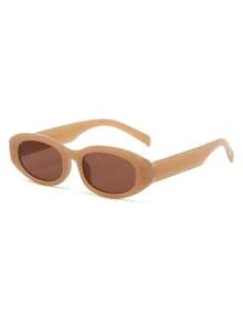 1 par de gafas de moda para mujer con montura ovalada de PC color té, minimalistas, de color liso, estilo fresco, personalizadas para vacaciones - Marrón - Ver 2