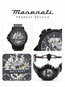 Maserati Men Automatic Watch Rose Gold Case Navy Blue Crocodile Texture Leather Band Hollow Skeleton Dial Luxury Business Wristwatch R8821119005 - WATCH - View 7