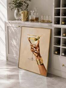 1pc Martini Cocktail Hand-Painted Canvas Wall Art, Framed Or Unframed Neutral Luxury Style Decorative Painting, Bar Cart Poster, Restaurant Bar Indoor Wall Decor, Home Decoration, Gift - Abstract Style a - View 4