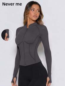 Never me Women's Sports T-Shirt High Neck Zipper Long Sleeve Slim Fit Base Layer Thumbhole Cuffs Patchwork Line Design - Grey - View 1