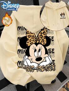 Start Autumn/Winter Women's Disney "Leopard Mickey" Pattern Retro Street Commuter Y2K Style Daily Sports Versatile Loose Apricot Drawstring Hoodie - Apricot - View 2