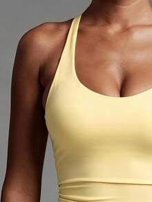 Women's 2 Pieces Athletic Casual Set, Halter V-Neck Backless Cropped Tank Top, Elastic Basic Leggings & Sports Shorts, Suitable For Yoga, Training, Gym, Daily Wear - Light Yellow - View 9