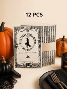 12 Pcs Halloween Party Invitation Cards - Vintage Witching Hour Design Blank Fill-In Spooky Halloween Invitations Pack For Costume Party, Scary Birthday, Witch Theme Gathering, October Fall Celebration & Holiday Trick Or Treat Event Supplies - one-size - View 11