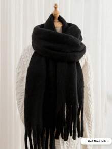 1pc Women's Black Cashmere-Like Solid Color Scarf With Tassels, Soft Shawl, Suitable For Spring, Autumn, Summer And Winter - Black - View 1