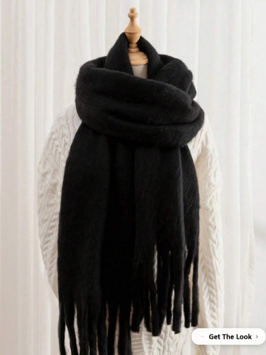 1pc Women's Black Cashmere-Like Solid Color Scarf With Tassels, Soft Shawl, Suitable For Spring, Autumn, Summer And Winter - Black - View 1
