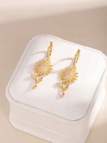 Multi-Style Sunflower Zirconia Ear Drops, Shiny Sunflower Ear Clips, Niche Luxury Floral Earrings For Women's Daily Wear Accessories - Sunflower Hoop Earrings - View 10