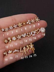 22pcs Stainless Steel Mini Zirconia Single Stud Earrings, Women, Valentine's Day Earrings, 18K Gold Plated Spiral Ball Stud Earrings, Cartilage Piercing Jewelry, Mom, Mother's Day Gift - Gold-white-1pc - View 3