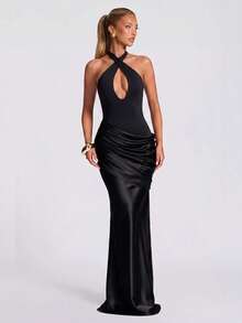 Elegant Sexy Halter Neck Hollow Out Long Party Dress, Ruched Waist Design, Elastic Fabric, Formal Banquet Ball Gown - Black - View 4