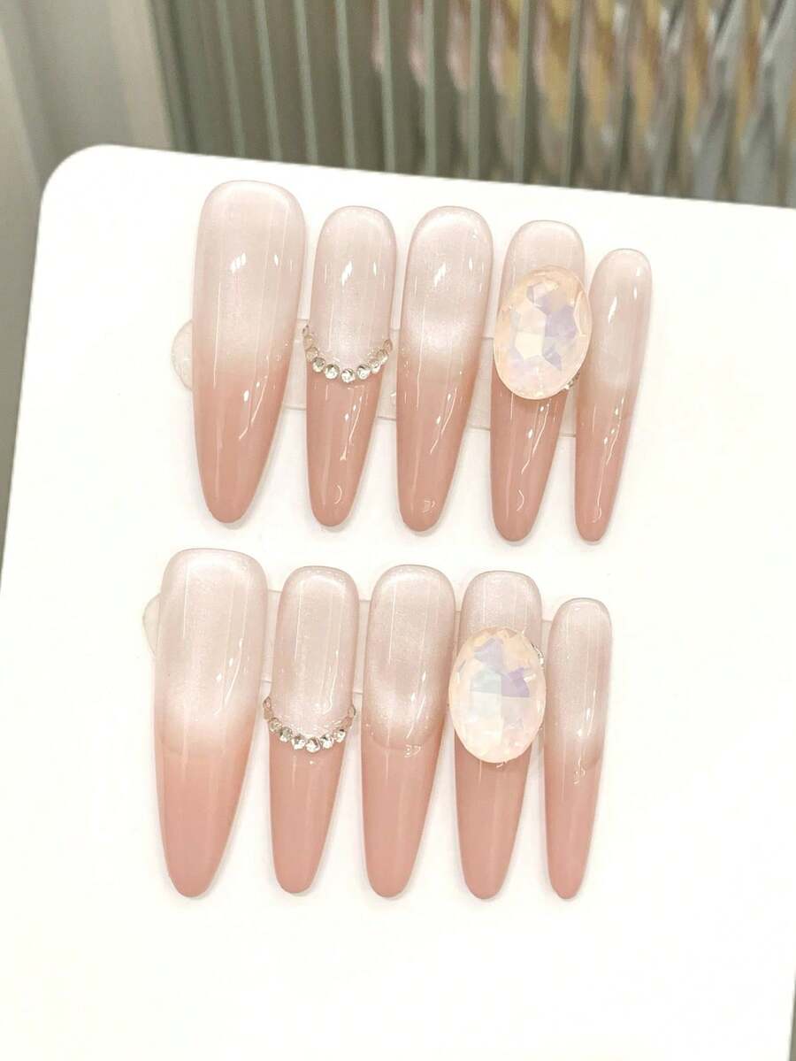 10Pcs Stiletto Nail Art, Beautiful False Nails, [Pink Glutinous Cloud Yao]Icy Transparent Nude Elegant Long Press‑On Nails, High‑End Skin‑Brightening Handmade Nails, Suitable For Women For Daily, Holiday, Party Occasions