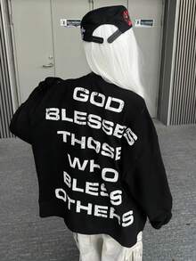 Women's Round Neck Long Sleeve T-Shirt, Spring/Autumn New Letter Print, Fashion Casual Versatile Loose Top - Black - View 2