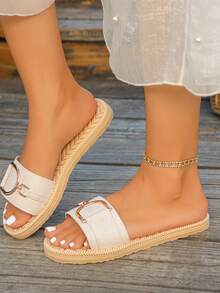 Women's Gold Buckle Woven Embossed Comfortable Lightweight Round Toe Single Strap Beige Flat Slippers Vacation Style Summer Daily Beach Flat Sandals Plus Size - Beige - View 3