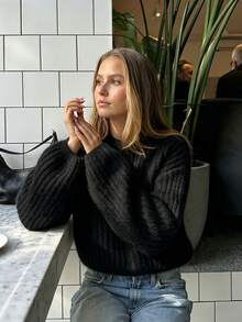 女款圓領羅紋素色燈籠袖長袖秋冬休閒百搭針織套頭衫－日常出遊、咖啡廳拍照必備 - 黑色 - 查看 4