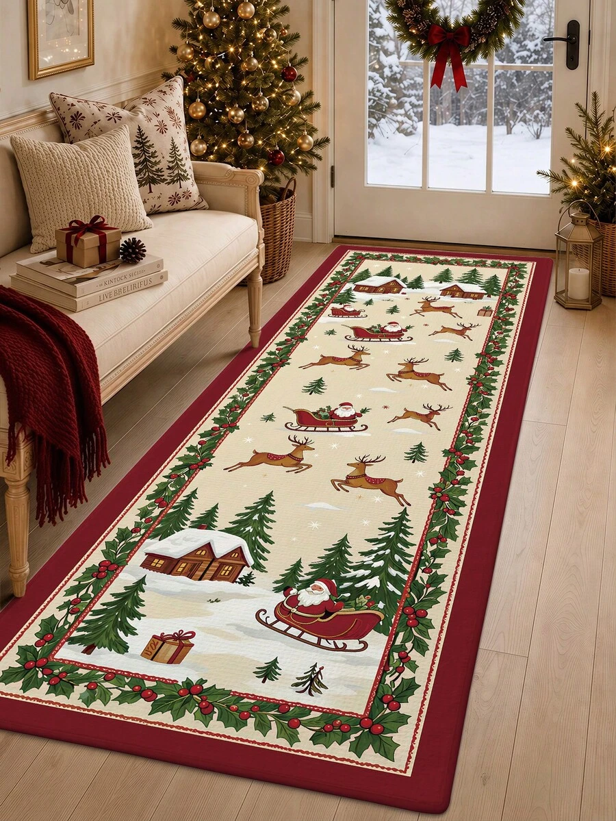 1pc Vintage Christmas Long Runner Rug, Kitchen Mat Suitable For Bathroom, Kitchen, Outdoor, Hallway, Bedroom, Living Room, Machine Washable Easy To Clean, Non-Slip Entryway Mat, Bedroom Decor Autumn Decoration Rug Accessory - Multicolor - View 1
