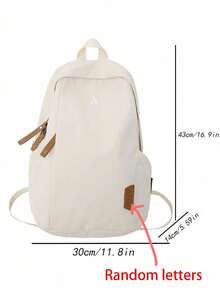 Solid Color Canvas Zipper Large Capacity Multi-Pocket Lightweight Student Backpack, Suitable For Back To School Campus Travel, For Students And Teenagers, Random Letter - Beige - View 9