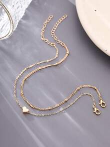 Nooxian 2pcs/Set Minimalist Vacation Style Heart Double Layer Stackable Chain Anklet Set For Women - Yellow Gold - View 6