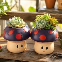 1/2pcs Polka Dot Purple Mushroom Shaped Planter, Suitable For Garden, Patio, Balcony, Breathable Resin Material, Indoor And Outdoor Use, Personalized Micro Landscape Succulent Planting Pot - Mushroom Planter - View 7