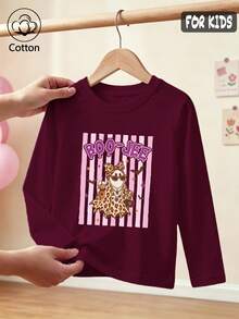 Halloween Girls Cotton Raglan Long Sleeve Tee, Cartoon Leopard Print Top, Cute Sweet Preppy Style - Maroon - View 3