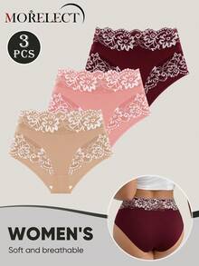 Morelect 3 buah celana dalam wanita model mid-high waist dengan detail renda dan patchwork, nyaman, lembut, dan bernapas. - MultiWarna - View 5