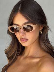 1 par de gafas de moda para mujer con montura ovalada de PC color té, minimalistas, de color liso, estilo fresco, personalizadas para vacaciones - Marrón - Ver 1