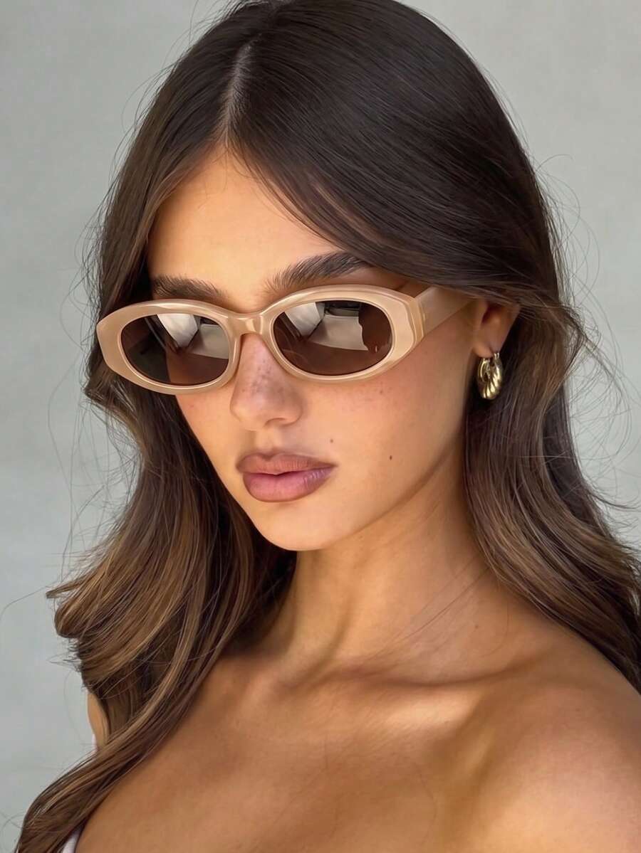 1 par de gafas de moda para mujer con montura ovalada de PC color té, minimalistas, de color liso, estilo fresco, personalizadas para vacaciones - Marrón - Ver 1