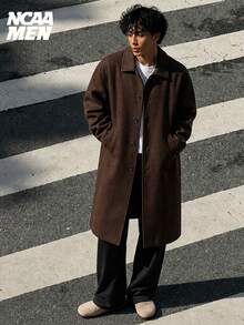 Men's Autumn/Winter Retro Dark Brown Overcoat, Loose Fit Dropped Shoulder Single-Breasted Long Overknee Wool Jacket, Fashion Streetwear Style - Coffee Brown - View 1