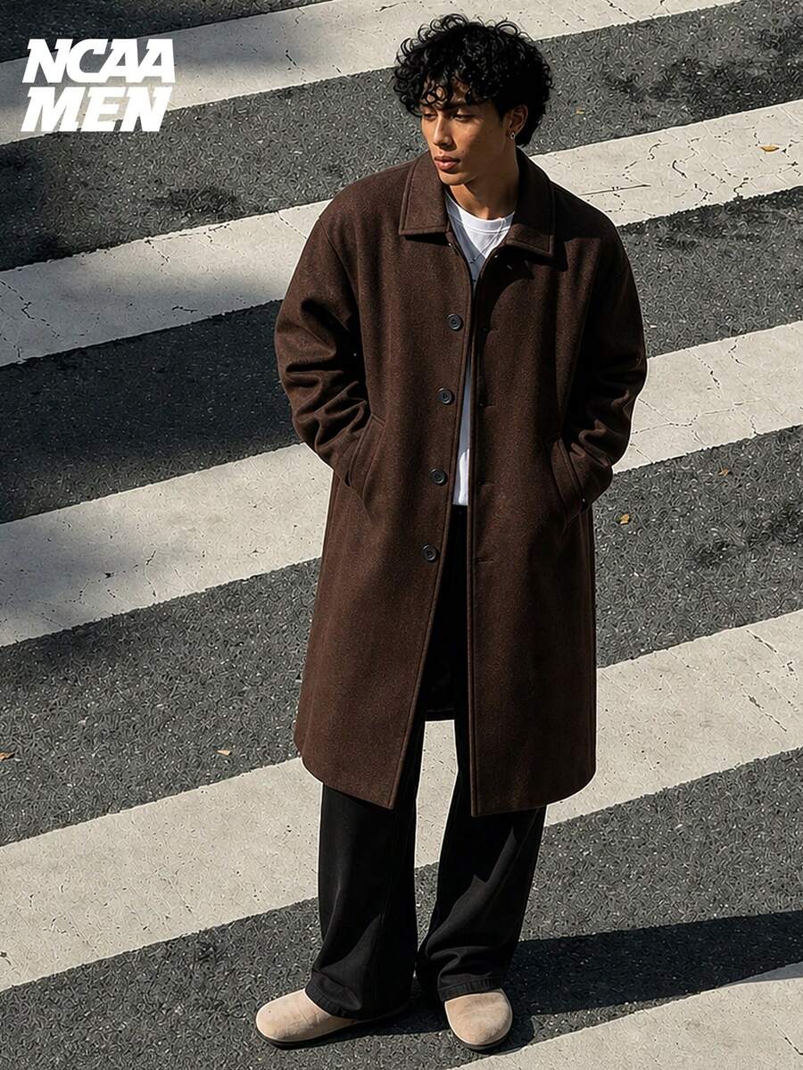 Men's Autumn/Winter Retro Dark Brown Overcoat, Loose Fit Dropped Shoulder Single-Breasted Long Overknee Wool Jacket, Fashion Streetwear Style - Coffee Brown - View 1