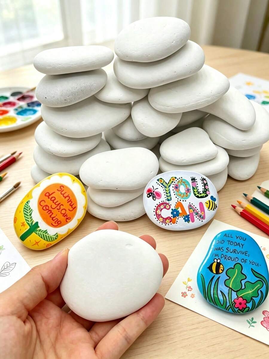 Multi-Piece Smooth White Painting Stones,Flat/Hand Selected Rocks For Crafts Art Decoration,Chemical-Free With Polished Smooth Surface For Even Painting,Beginners & DIY Handmade Projects,Arts And Crafts Supplies,Decorative Stones For Creative Artwork - Multicolor - View 1