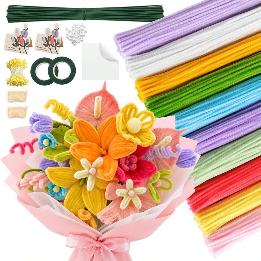 758pcs Handmade Chenille Stems, 10 Colors Large Pack, Suitable For Arts & Crafts, Flower Stems, Wrapping Paper, Pearls, Greeting Cards, Tape, Flower Centers, Ribbons, DIY Floral Crafts, Creative Projects, Holiday Decorations And Children's Crafts - Pipe Craft - View 1