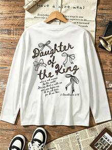 Plus Size Women's Leopard "Daughter Of The King" Bow & Bible Verse Graphic Long Sleeve Tee, Moderate Stretch Crewneck Loose Casual Fall Top - White - View 7
