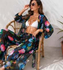 Printed Tulle Beach Cover-Up Shirt And Pants Set - 黑海洋 - 查看 2