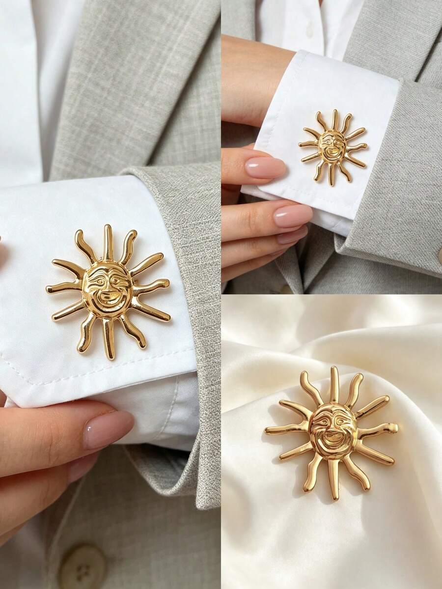 1件裝新款優雅時尚太陽/花朵/金色圓形/太陽微笑/愛心圖案多款襯衫袖扣與領夾,女款高端配件,適合派對、商務、晚宴、日常穿著等多種場合,感恩節、開學季禮物,手繪滴油產品,可能有些微瑕疵,適用直徑1.5cm以內的鈕扣 - 金色 - 查看 1