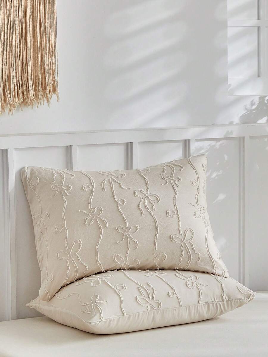 2pcs Khaki Bow Tufted Jacquard Pillow Covers, Cute Boho Style Decorative Pillowcases, Suitable For All Seasons, Machine Washable (Pillow Insert Not Included) - Khaki - View 1