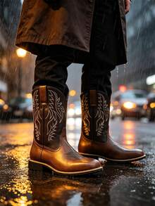 Striped Western Style Faux Leather Textured Western Boots, Outdoor Wear For Men, All Season - Brown - View 7