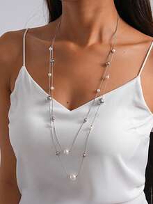 Fashion Faux Pearl Beaded Layered Geometric Necklace. Fashion High-End Sweater Chain. Small And Simple Accessory For Women. - Necklace - View 6