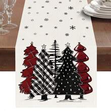 1pc Black & Red Buffalo Plaid Christmas Tree Table Runner, Snowflake & Star Print Decorative Tablecloth, Farmhouse Style Christmas Dining Room Home Party Decoration - Multicolor - View 7