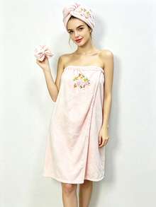 3 Pcs Towel Wrap For Women Shower Robe With Adjustable Closure, Bathrobe With Hair Drying Towel & Spa Wraps,Soft Absorbent Coral Fleece Towel Wrap For Women Lightweight Towel Wraps For Bath Shower - 3-piece Embroidered Bathrobe Set - View 13