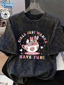 Start Cotton Summer Women's Disney Daisy And Minnie Pattern Printed Street Outing Commuting Y2K Style Black Round Neck Short Sleeve Washed T-Shirt Top - Black - View 2