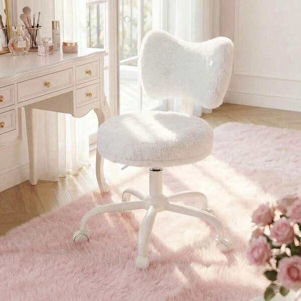 Vanity Chair With Bow Back For Bedroom,Height Adjustable,Swivel | Faux Rabbit Fur,High-Density Foam, 300 Lbs,Easy Assembly For Teens,Make-Up Room, Dorm, Study Room,White