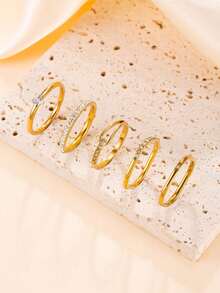 5pcs Fashionable Luxury Geometric Rhinestone Stainless Steel Rings, Suitable For Women's Daily Wear Or Party - Gold - View 6