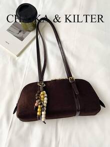 CHAIKA & KILTER 1件純色麂皮布料單肩包，女款復古時尚啞光貝殼包，對比色絎縫線條，雙手柄設計，拉鍊開合，適合日常與街頭使用（附吊飾） - 咖啡 - 查看 9