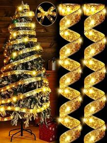 1 buah Lampu Pita untuk Dekorasi Pohon Natal, Lampu Peri Pita Perak, Cocok untuk Pohon Natal, Pernikahan, Pesta Ulang Tahun, Dekorasi Rumah Saat Liburan, Dekorasi Pesta, Hadiah Ulang Tahun, Lampu Hias Beruntai - Pita Emas - View 2