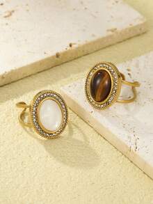2pcs Stainless Steel Vintage Large Oval Mother Of Pearl Tiger Eye Stone Rings For Women, Rhinestone Embellished Luxury High-End 18K Gold Plated Open Adjustable Finger Rings, Niche Design Elegant Stackable Decorative Rings - Yellow Gold - View 3