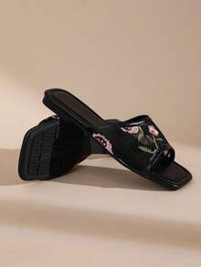 French Embroidery Lace Ruffle Square Toe Flat Slide Sandals For Women, Fairy Style - Black - View 1