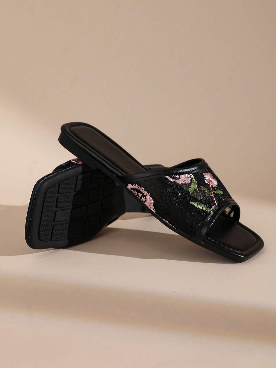 French Embroidery Lace Ruffle Square Toe Flat Slide Sandals For Women, Fairy Style - Black - View 1