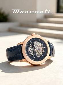 Maserati Men Automatic Watch Rose Gold Case Navy Blue Crocodile Texture Leather Band Hollow Skeleton Dial Luxury Business Wristwatch R8821119005 - WATCH - View 3