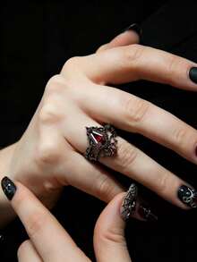 2pcs Dark Gothic Red Bat Hollow Out Design Ring,With Red Synthetic Zirconia, Suitable For Daily Dressing,Halloween,Party Clothing Decoration Jewelry - Ring - View 2