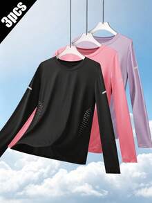 3pcs Women's Mesh Breathable Long Sleeve Tops, Slim Fit Elastic, Outdoor Sun Protection Sports Wear, Suitable For Running, Versatile And Comfortable - Multicolor - View 2