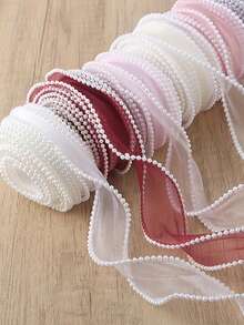1 Roll 5 Yards Fish Tail Pearl Packaging Satin Ribbon, White Organza Mesh Pearl Ribbon Roll, Suitable For Wedding, Valentine's Day, Mother's Day, Birthday, DIY, Gift Box And Bouquet Decoration - Multicolor - View 3