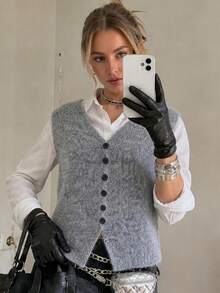 Wixra Women's V‑Neck Button Front Sleeveless Knit Vest Cardigan, Fuzzy Loose Fit Knit Waistcoat - Grey - View 3