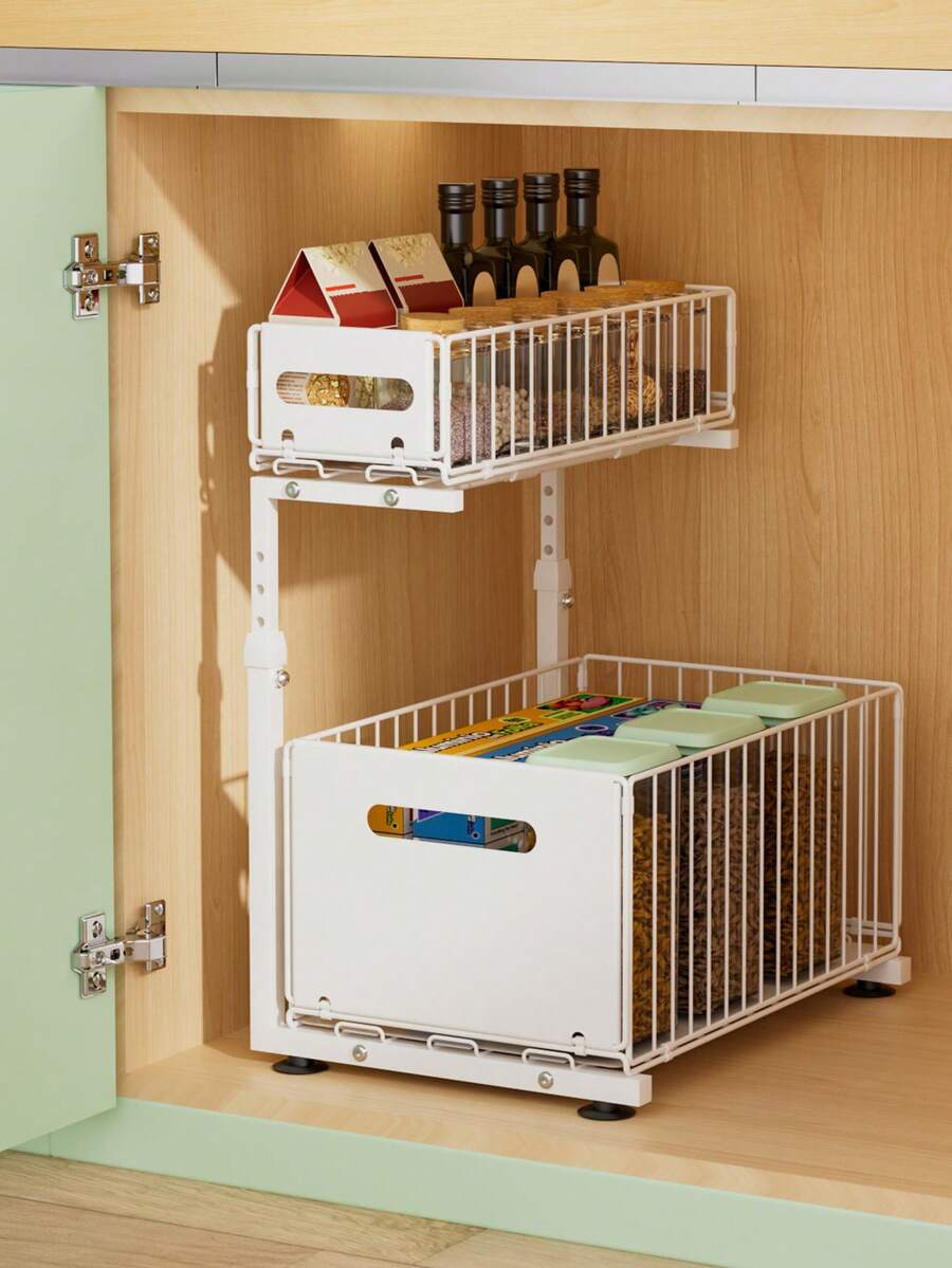 Under Sink Organizer With Pull Out Baskets ,2 Tier Sliding Cabinet Storage Drawer, Adjustable Height Kitchen Cabinet Organizer For Kitchen Pantry Bathroom Counter, Kitchen Cabinet Organizer,Pantry Storage Drawer, Under Sink Storage Rack - Multicolor - View 1